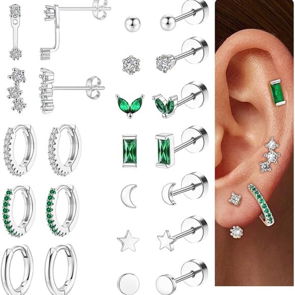 Silver Hypoallergenic Flat Back Cartilage Earring Set - 20G Surgical Steel, Tren - Picture 1 of 6